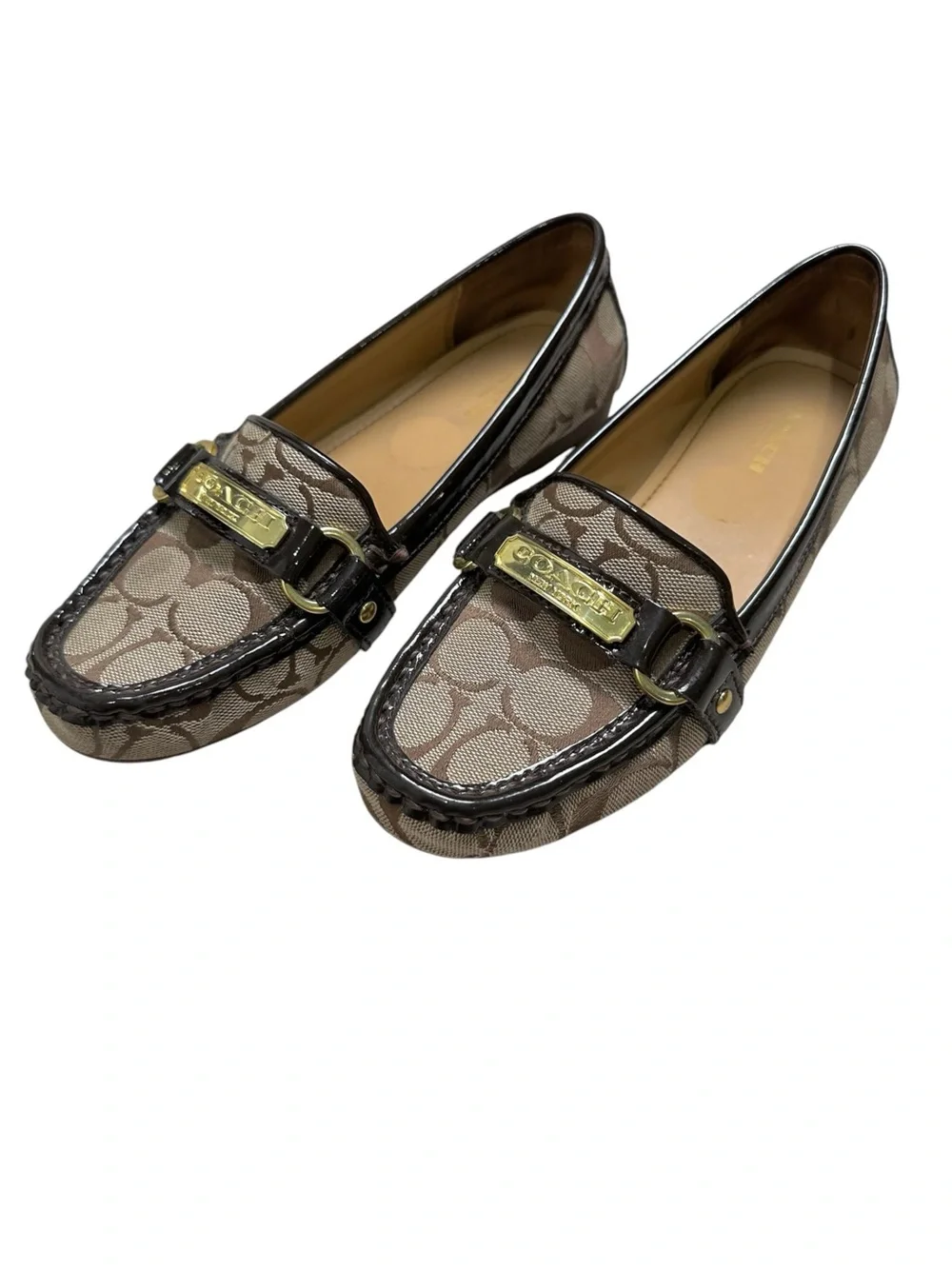Coach Women’s 6.5B Felisha Signature C Canvas Beige & Brown Leather Trim Loafers